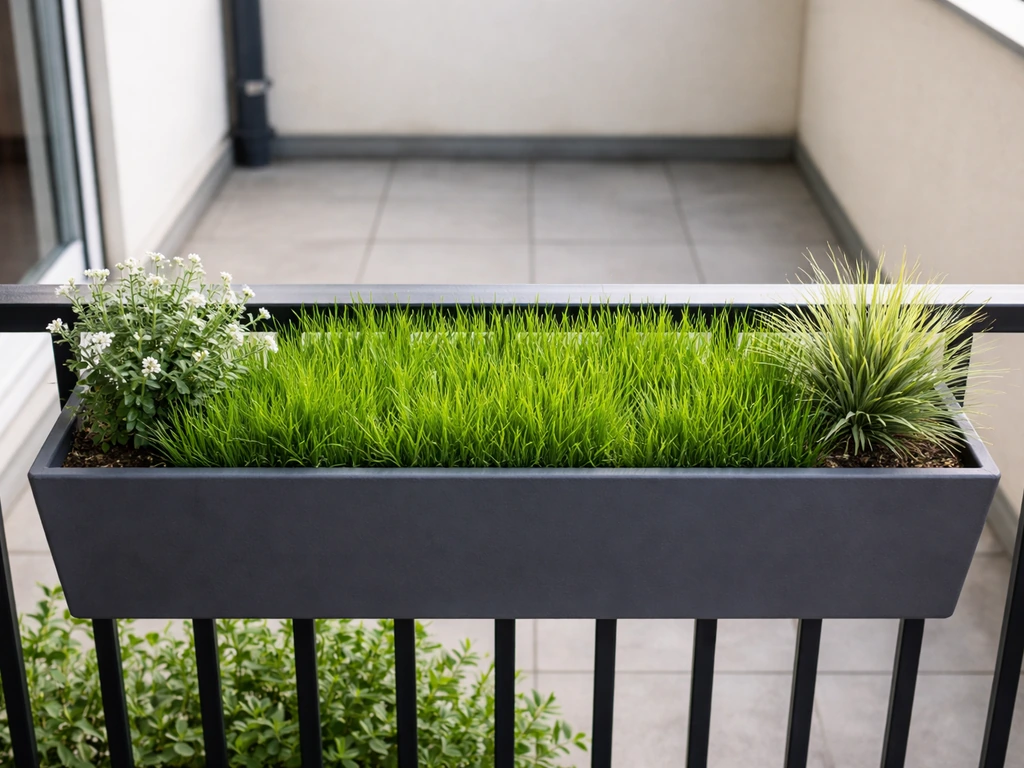 Klein balkon met een plantenbak vol vers gras, helder en centraal in beeld als decoratie en afscheiding.