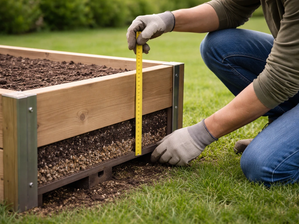 Close-up van een tuinbak waar iemand met een meetlint de opbouw en diepte controleert, met substraat in de bak.