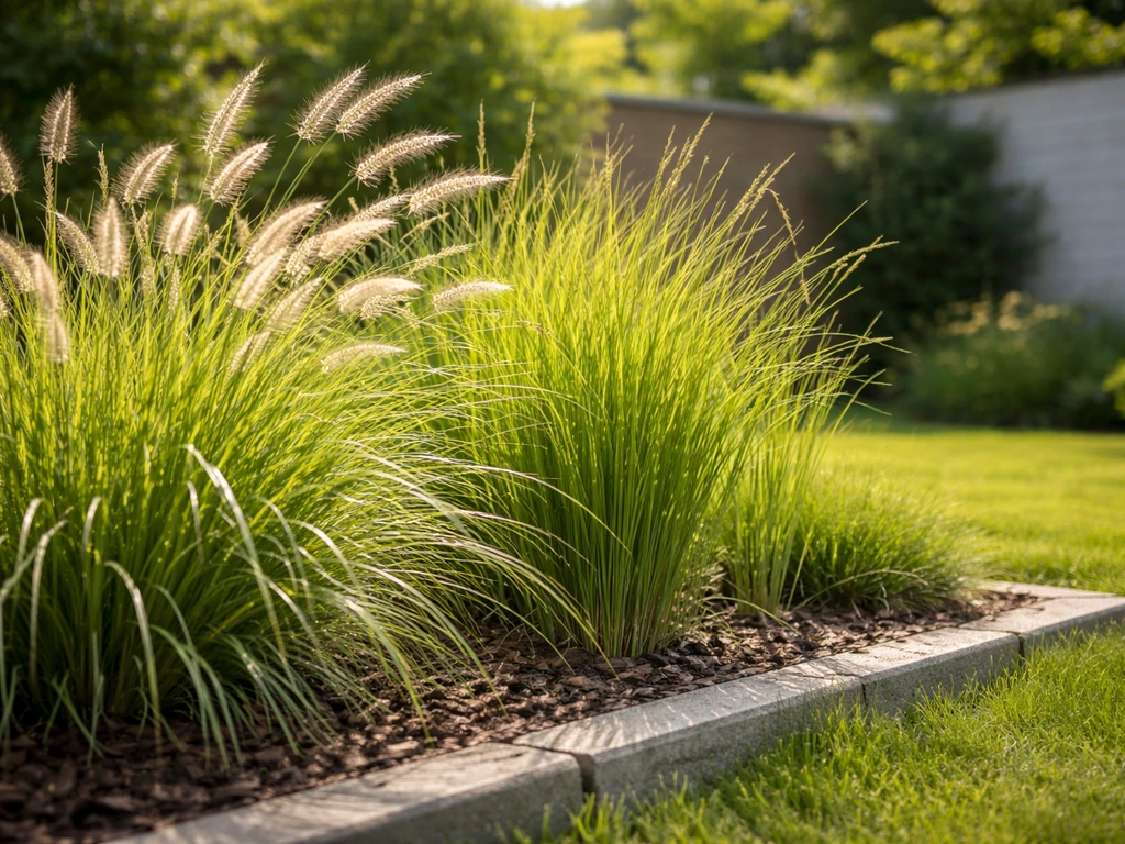 Siergraspollenborder in een zonnige tuin, met verschillende tuinplant gras-soorten en scherpe halmen.