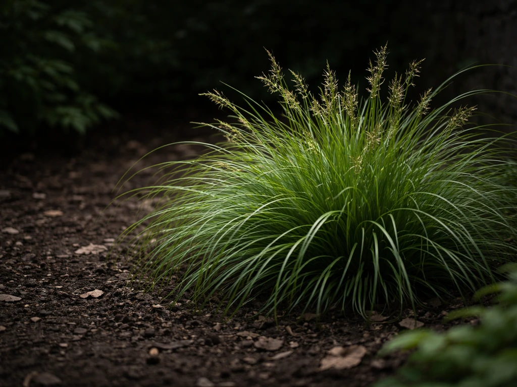 Close-up van Carex (zegge) in de schaduwhoek van de tuin, met zichtbare blad- en pollenstructuur.