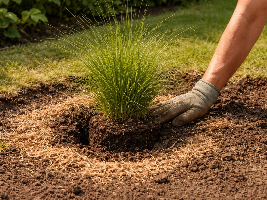 Tuinman plant een pol siergras in een uitgegraven kuil, met voorbereide grond en lichte mulch omheen.