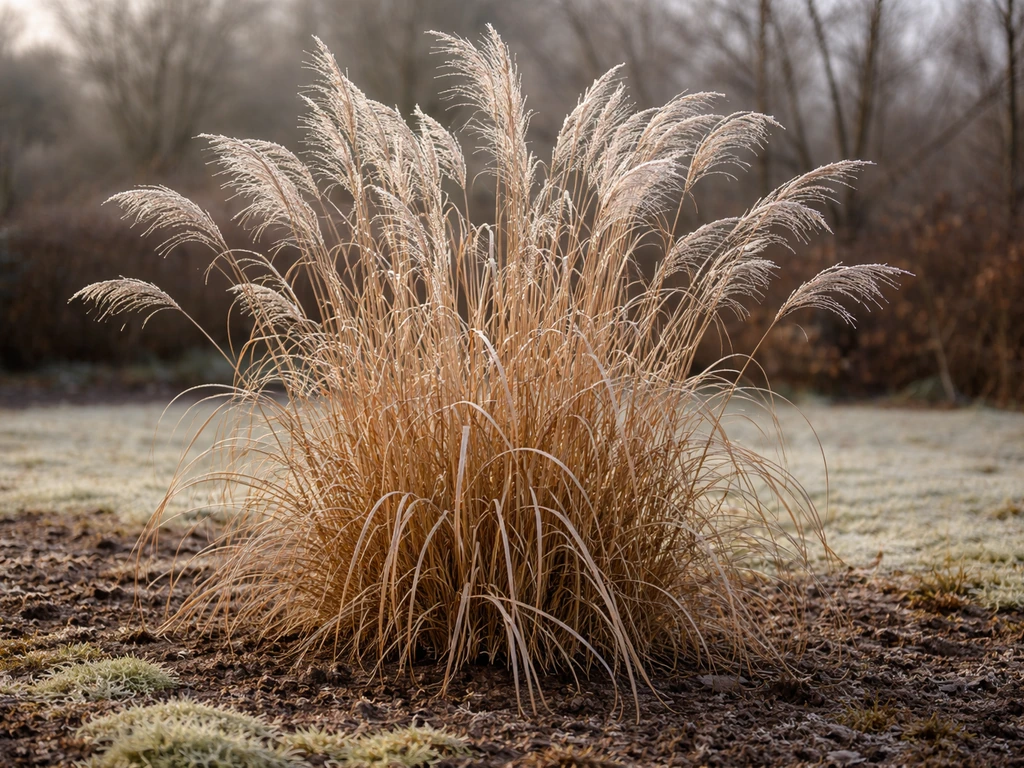 Niet-wintergroene siergrassen met gedroogde pluimen in de wintertuin, met rijp op halmen en pluimen.