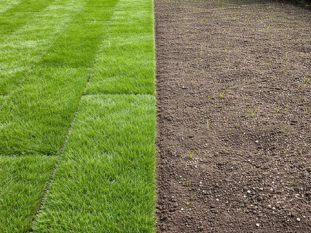 Splitsing in een kleine tuin: twee stroken gras, links vers gelegde graszoden, rechts ingezaaid met fijne grond.