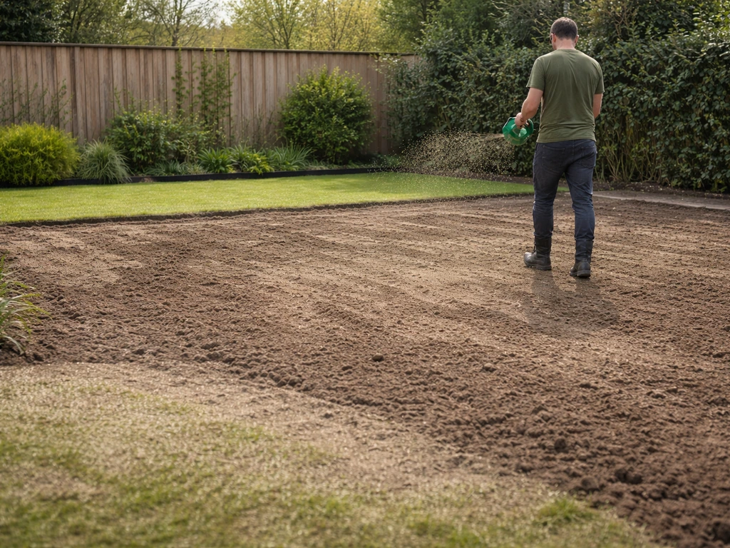 Persoon strooit graszaad uit op voorbereide, losgemaakte tuinbodem voor een nieuw gazon.