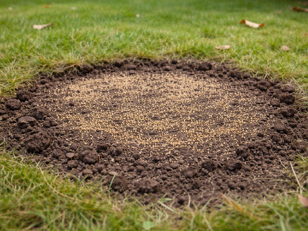 Kale grasplek in tuin: losse grond is omgespit en ingezaaid, met afgedekte nieuwe zaadzone klaar voor herstel