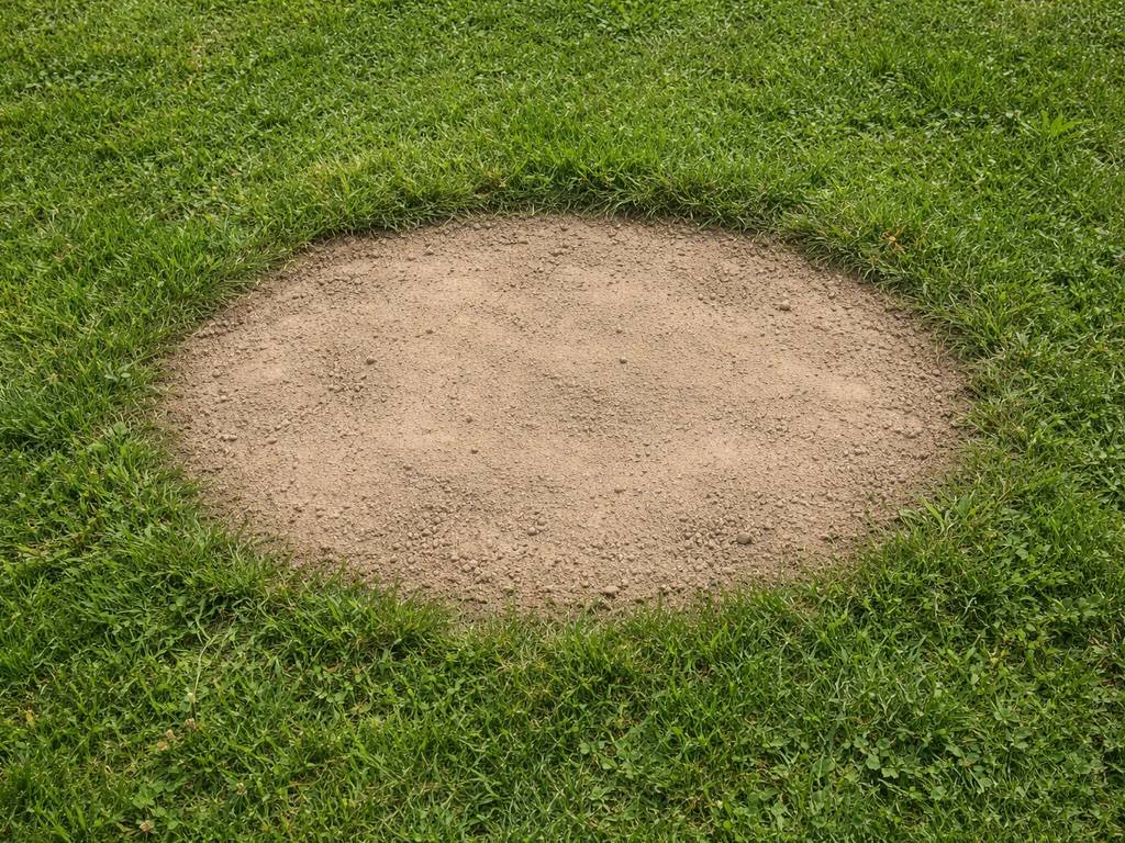 Bovenaanzicht van een net opgevulde kuil in het gras met gladgestreken laag zand/teelaarde.