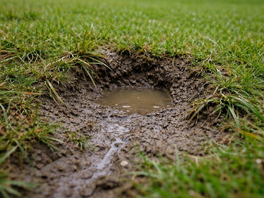 Close-up van een grasveldkuil met natte, ingezakte bodem na regen en zichtbare afstroming.