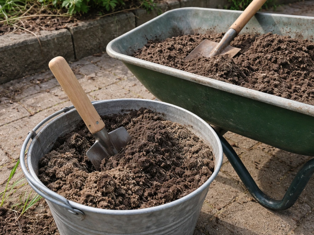 Close-up van een gemengde grondmix voor grasgaten met zand en tuingrond/compost in een emmer.