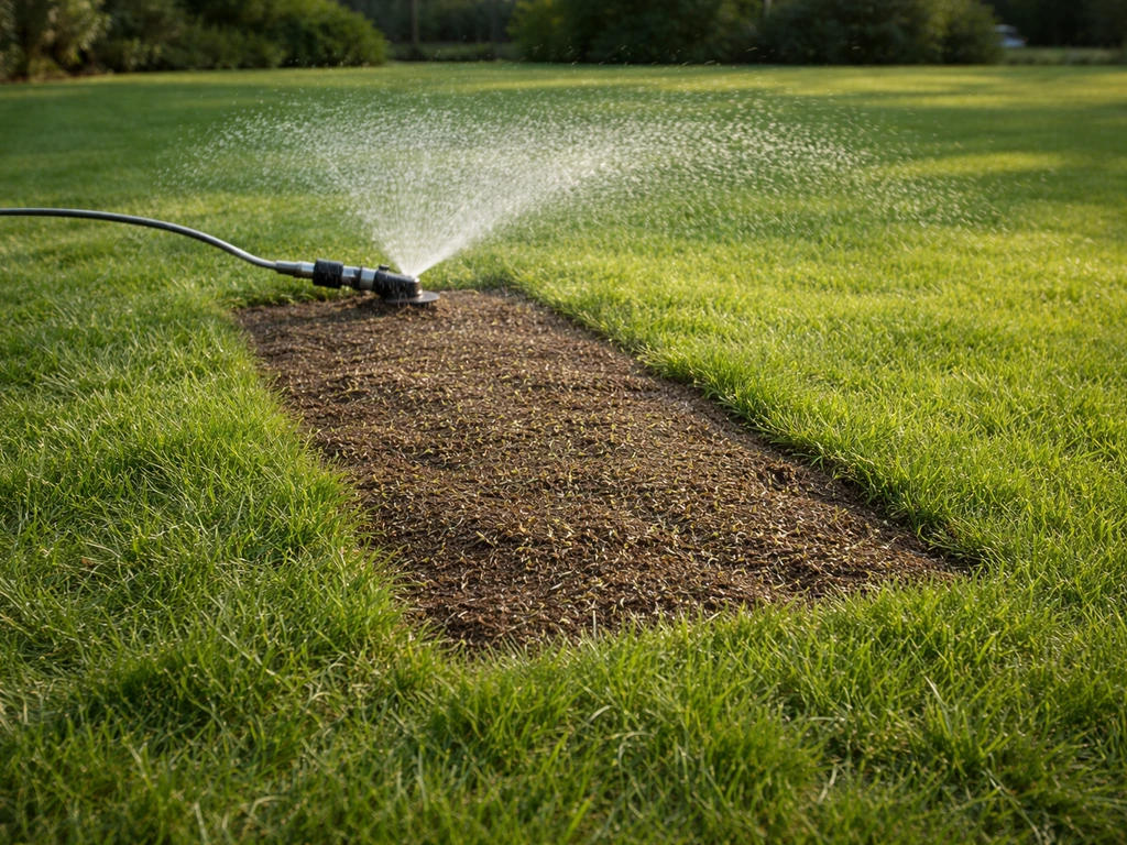 Beregening op een vers herstelde gazonreparatieplek met nieuw gras tussen intact gras.