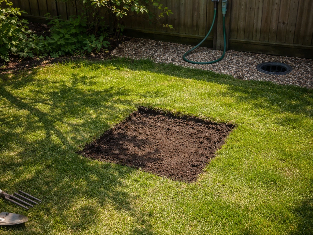 Zonnige en beschaduwde tuinhoek met proefplekje in de bodem en zichtbare waterafvoer richting afvoerputje.