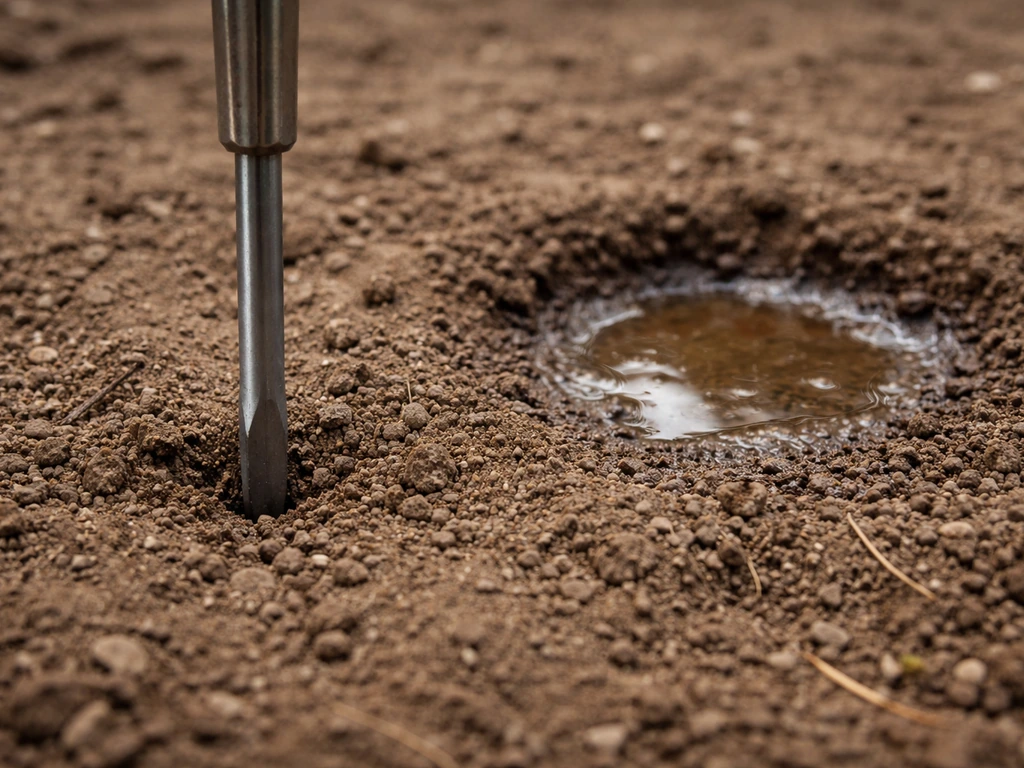 Close-up van een schroevendraaier die in de grond wordt gedrukt naast een kale plek waar water wegzakt.