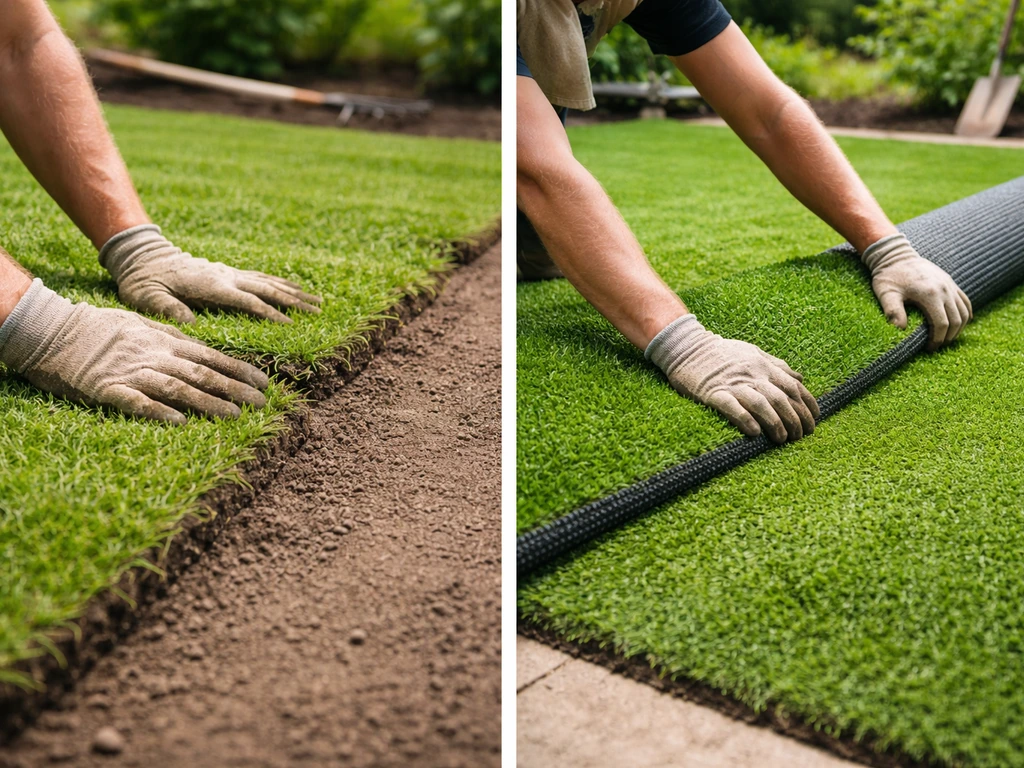 Twee naast elkaar genomen aanlegmomenten: zoden leggen voor echt gras en kunstgras uitrollen in een tuin.
