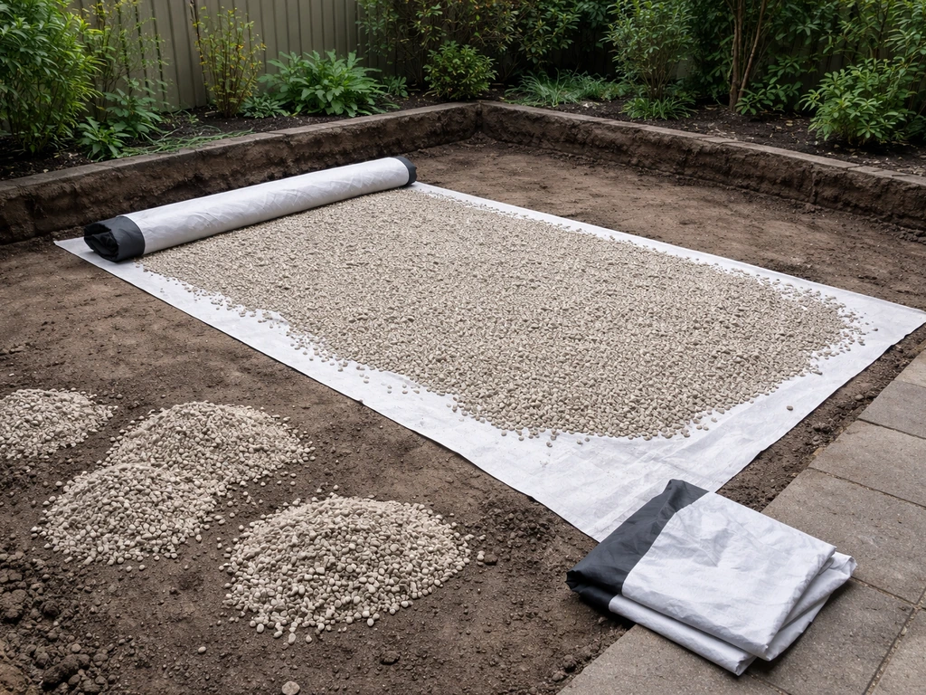 Werk in uitvoering: grond afgegraven en stabilisatiedoek met split onder kunstgras in een tuin