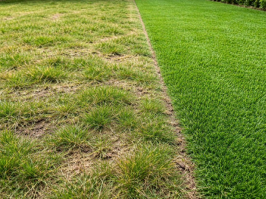 Ongelijk gemaaid gazon met te kort gras en zichtbare plukken, met een nette strook kunstgras ernaast