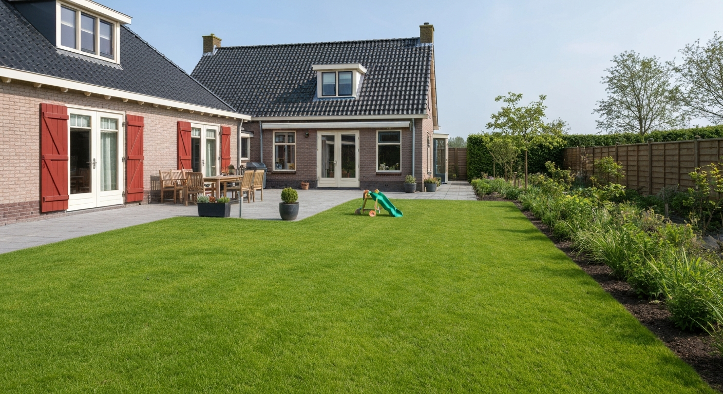 Ruime Nederlandse achtertuin met groot egaal gazon, terras en speelzone, overzichtsfoto van boven naar huis gericht.