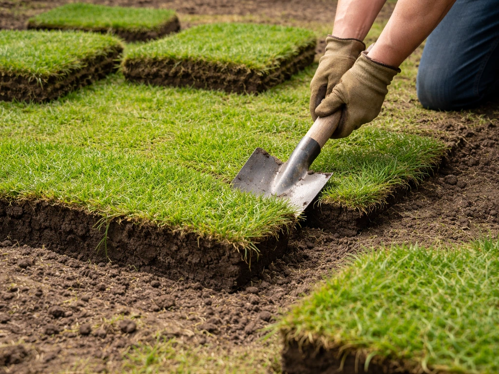Close-up van een schop die graszoden in repen afsteekt en de afgegraven grond zichtbaar maakt