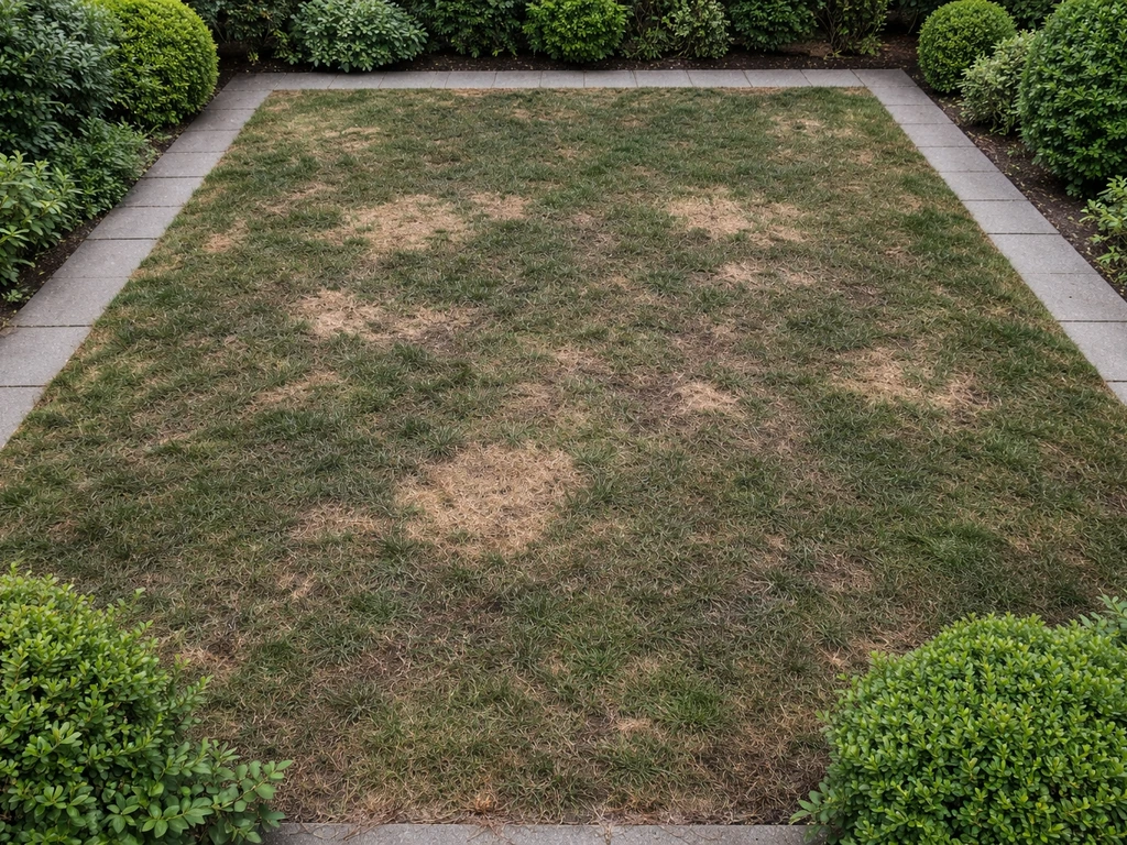 Bovenaanzicht van een Nederlandse tuin met donker, verkleurd gazon, kale plekken en vilt/verdichting door standplaatspro