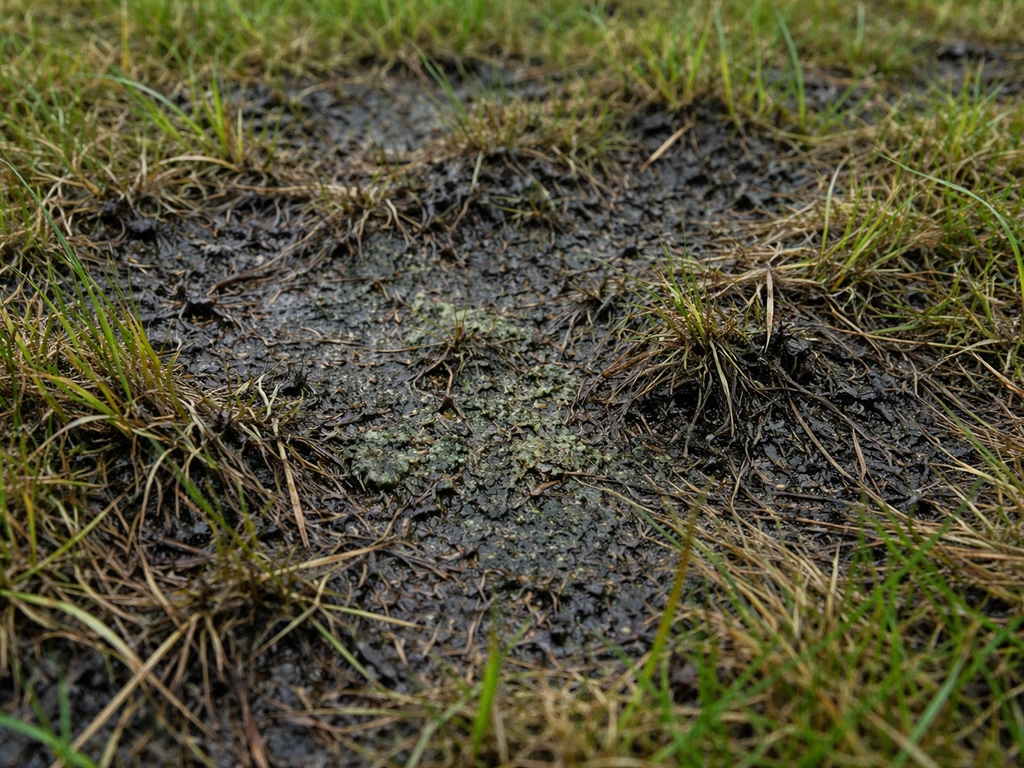 Donker verkleurde graspolletjes met natte, platgedrukte plekken en wat mosachtige groei op de bodem