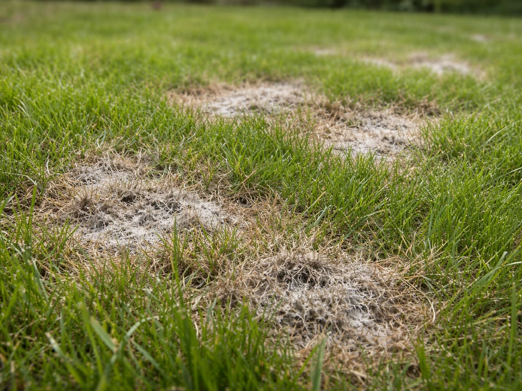 Donkere afstervende plekken in een gazon, die op schimmelziekte wijzen, met groen gras eromheen.