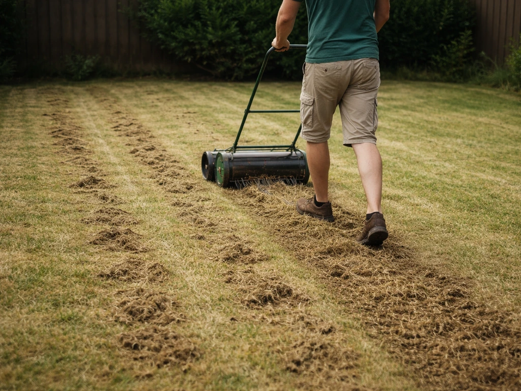 Tuinman duwt een verticuteermachine over een gazon met zichtbare viltlaag en losgemaakte grond.