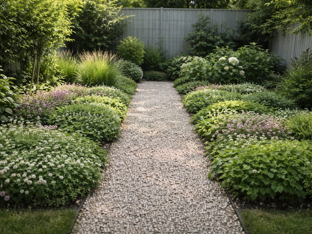Grasvrije tuin met grindpad en bodembedekkende planten langs een border, duidelijke, rustige indeling.