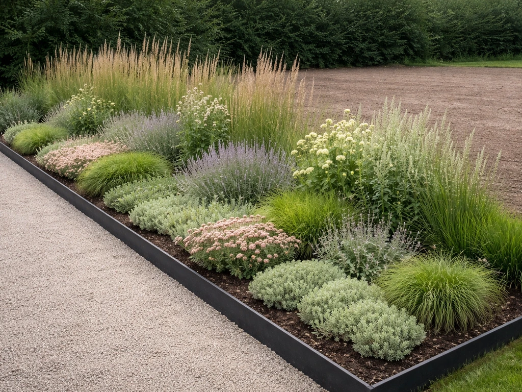Gelaagde beplanting in een border met vaste planten, hoge-midden-lage lagen in een nette tuinbedrand
