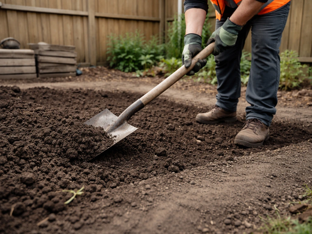 Tuinwerker schept aarde af en egaliseert de ondergrond in een kleine werf, klaar voor gras of grind.