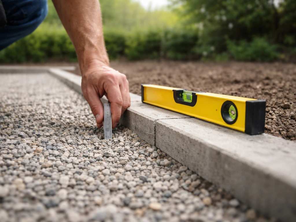 Hand met waterpas en meetlat legt licht afschot aan voor afwatering richting tuin of straatkant.