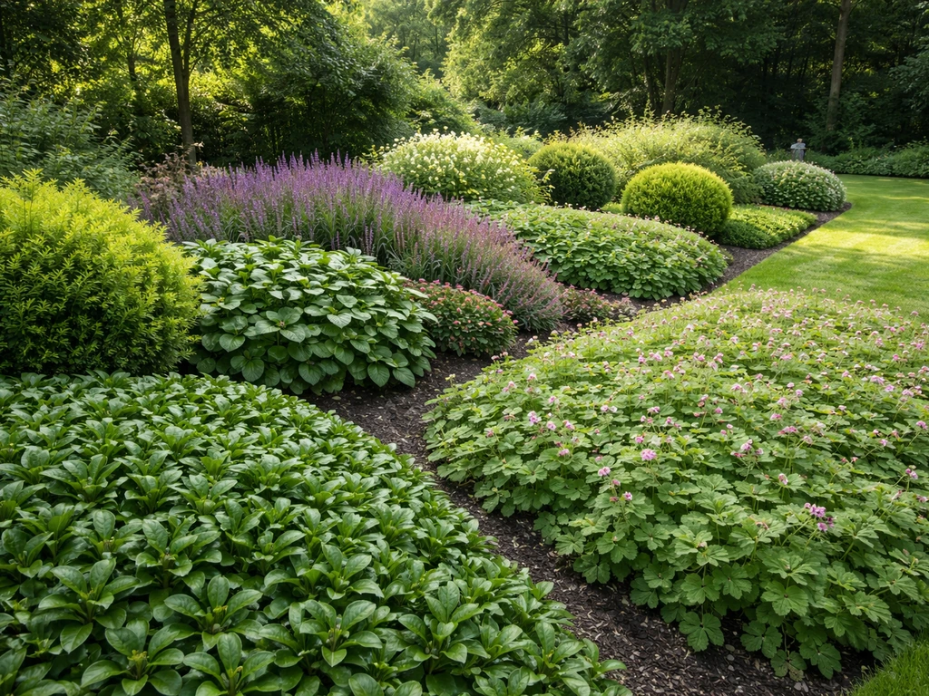 Voorbeeld van een bordertuin met duidelijke plantvakken en bodembedekkers langs een borderrand