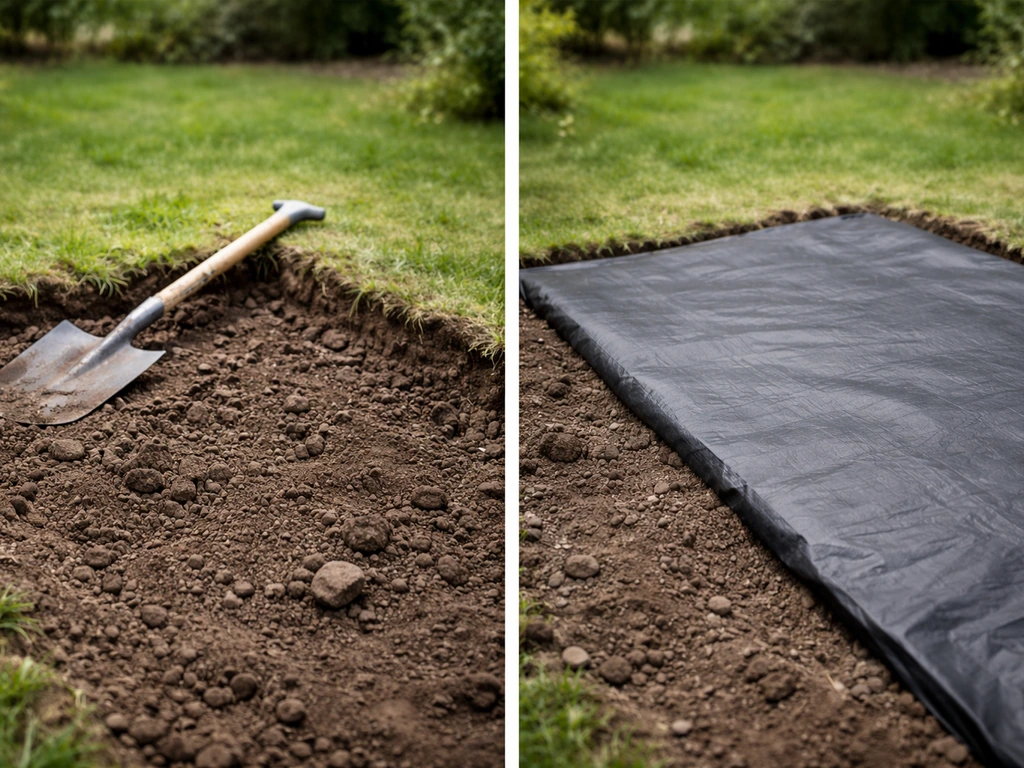 Voor-na foto: links afgestoken gazon met spade, rechts zwart folie als afdekking in dezelfde tuin