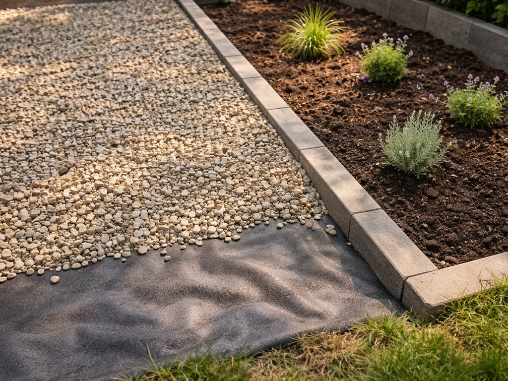Zichtbare tuinlagen in aanleg: waterdoorlatend doek, siersplit/grind en een beplantingsvak.