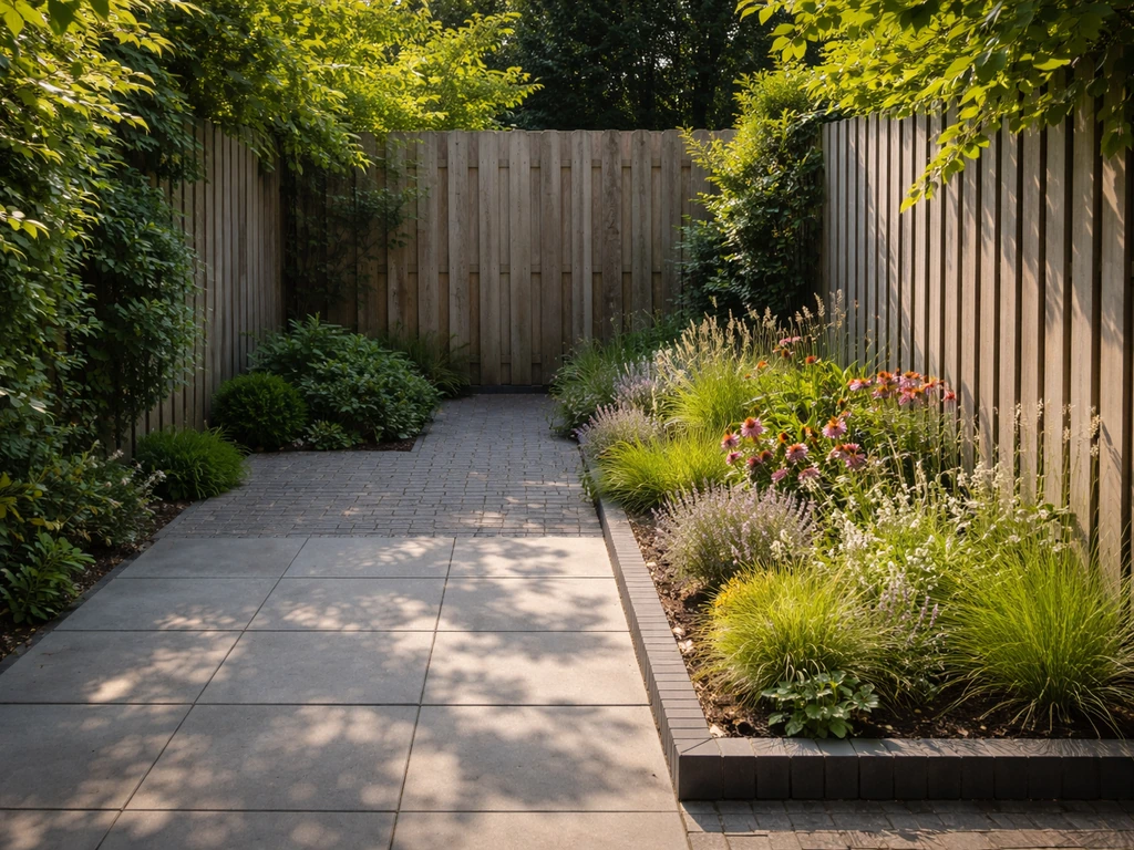 Kleine stadstuin met sierbestrating en een smalle plantenstrook, zonder gazon, in zon/half-schaduw.