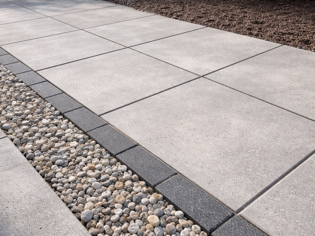 Close-up van grasvrije tuinbestrating met tegels, grind en strakke randafwerking in natuurlijk licht.