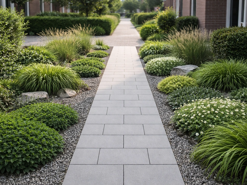 Rustige voortuin zonder gras met geplaveid pad, borders met bodembedekkers en groene beplanting