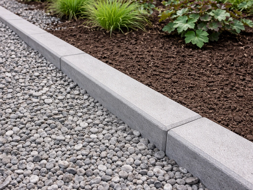 Detail van een strakke steenrand langs grind en beplanting, met nette afwerking en voorkoming van uitspoelen.