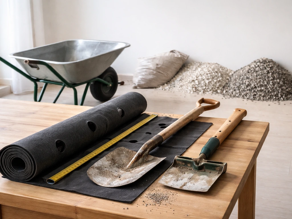 Praktische tuinaanleg-materialen op een keukentafel: spade, kruiwagen, worteldoek en split/grind voor een checklist.