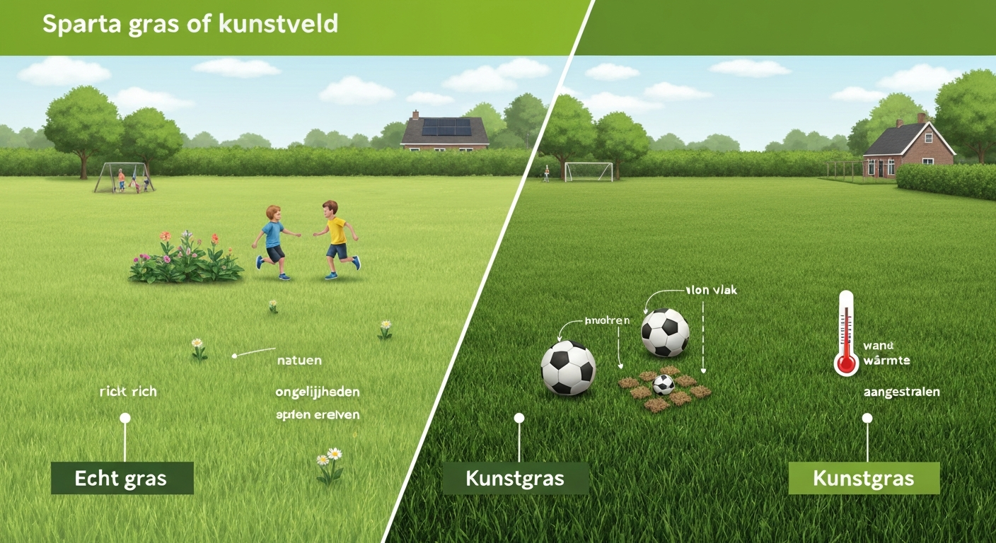 Split-screen illustratie: links natuurlijk gazon met kinderen en regendruppel-icoon, rechts uniform kunstgras met voetbal en warmte-icoon; achtergrond Nederlandse rijtjeshuizen.