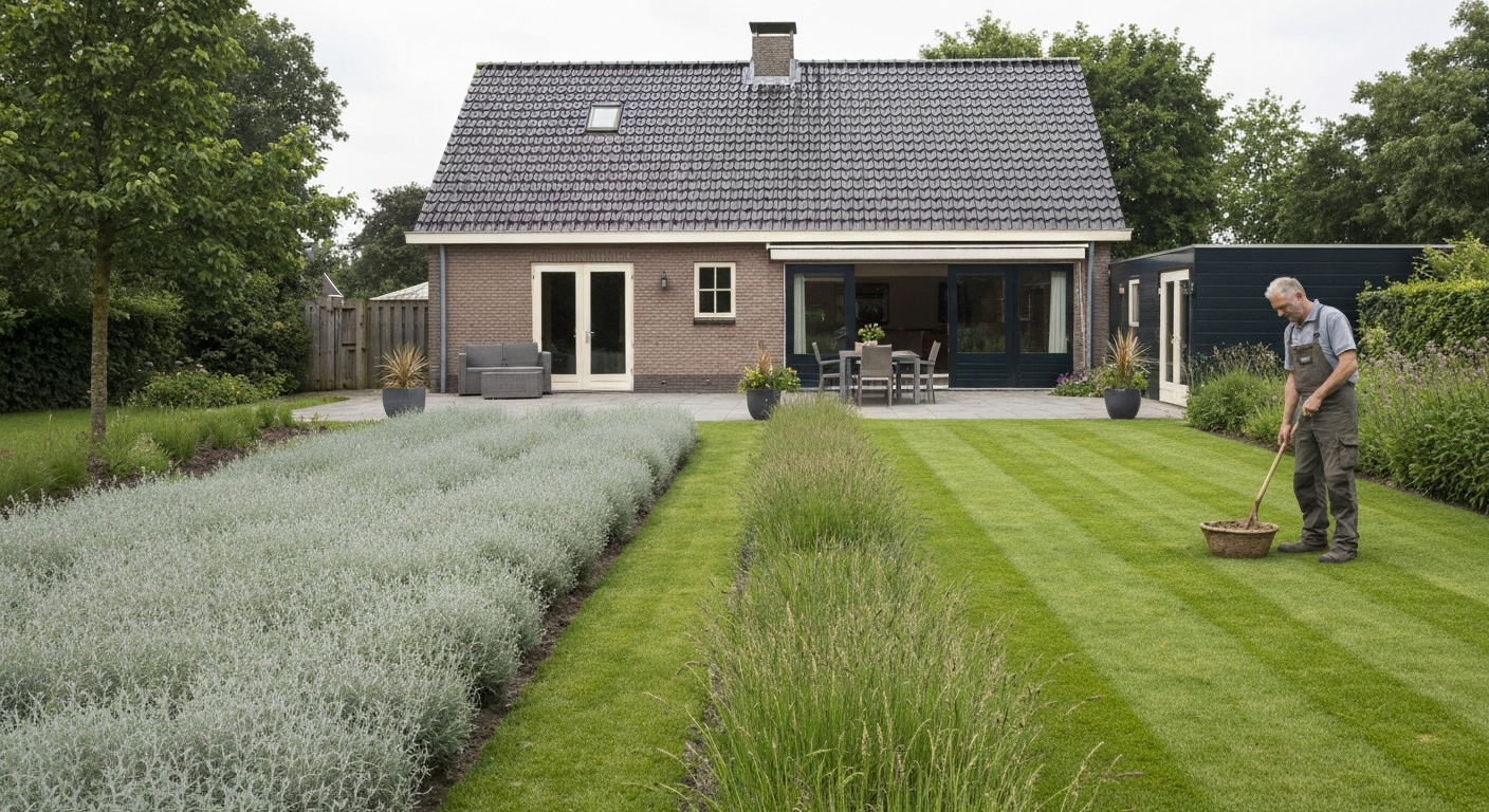 Nederlandse achtertuin bij zonsopgang met grijze plekken in het gazon en tuinier die de bodem inspecteert