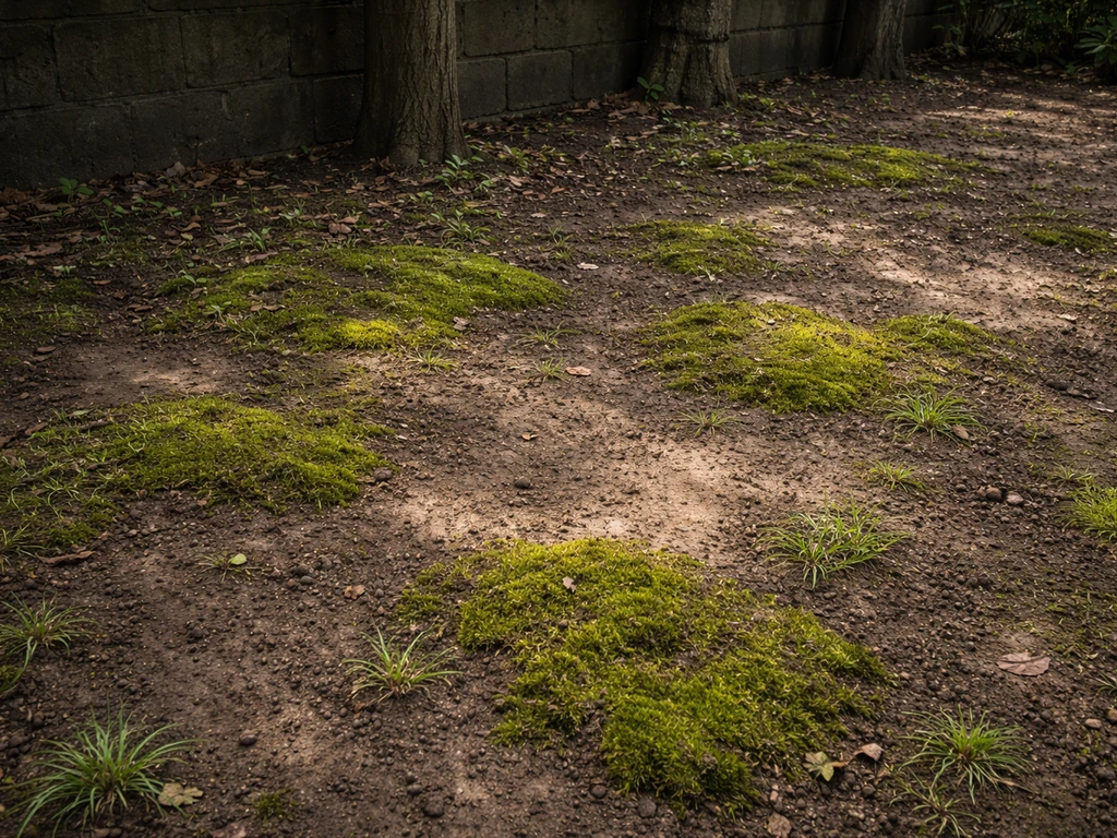 Kale grond en mosvorming in de schaduw onder bomen waar gras niet goed groeit