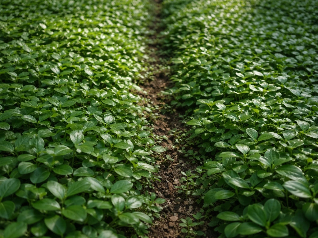 Close-up van dicht plantentapijt van bodembedekkers met nauwelijks zichtbaar onkruid in de grond.