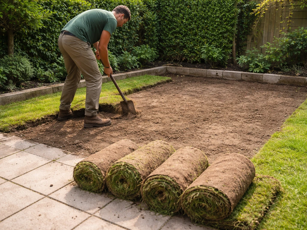 Tuiner bezig met schop: graszoden verwijderd en bodem strak geëgaliseerd voor nieuwe grasaanleg.