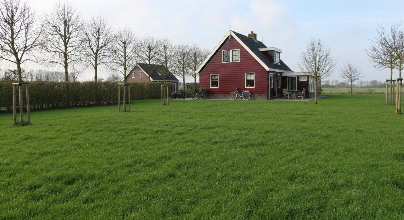 Vers gemaaid gazon met zichtbare strepen in een Nederlandse achtertuin, roodstenen huis en schuur op de achtergrond.
