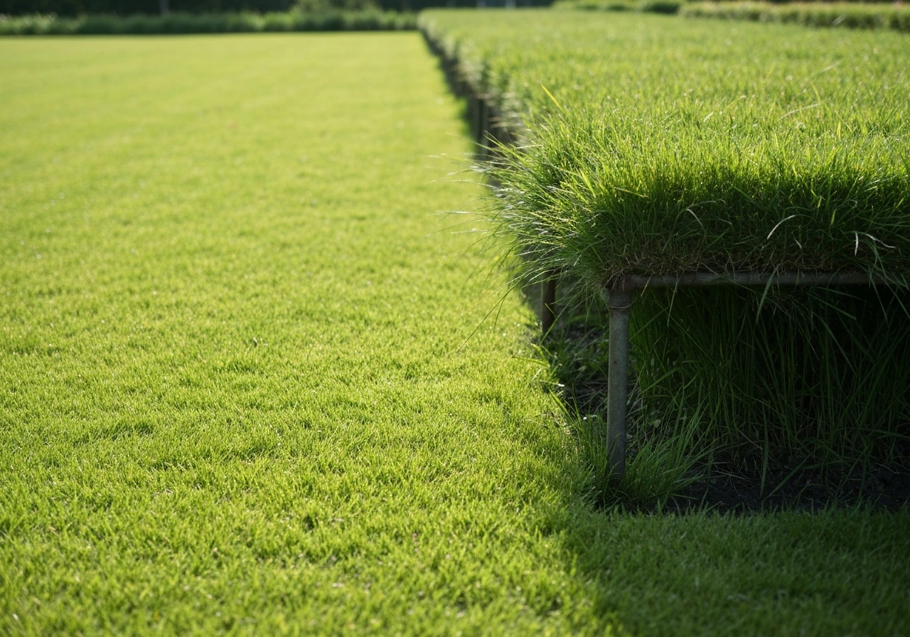 Voortuin met twee duidelijke zones: zonhoek met dicht gras en schaduwhoek met minder dicht gras