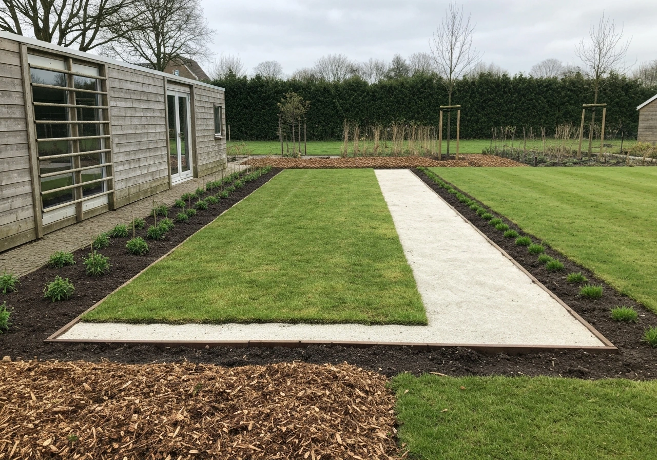 Voortuin met lemige grond en zichtbare randdetail-afwatering, waar bodem is verbeterd voor grasgroei.
