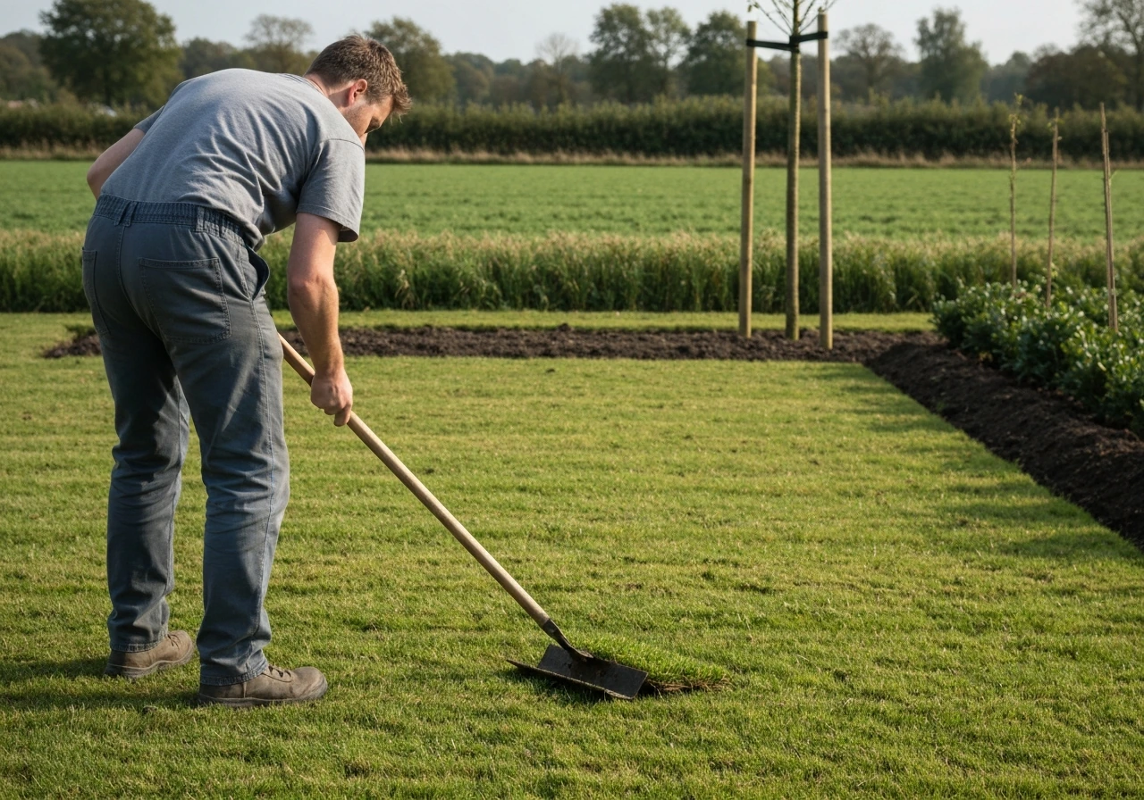 Tuinier egaliseert kale grond met schep en hark voor de aanleg van een nieuwe grasstrook