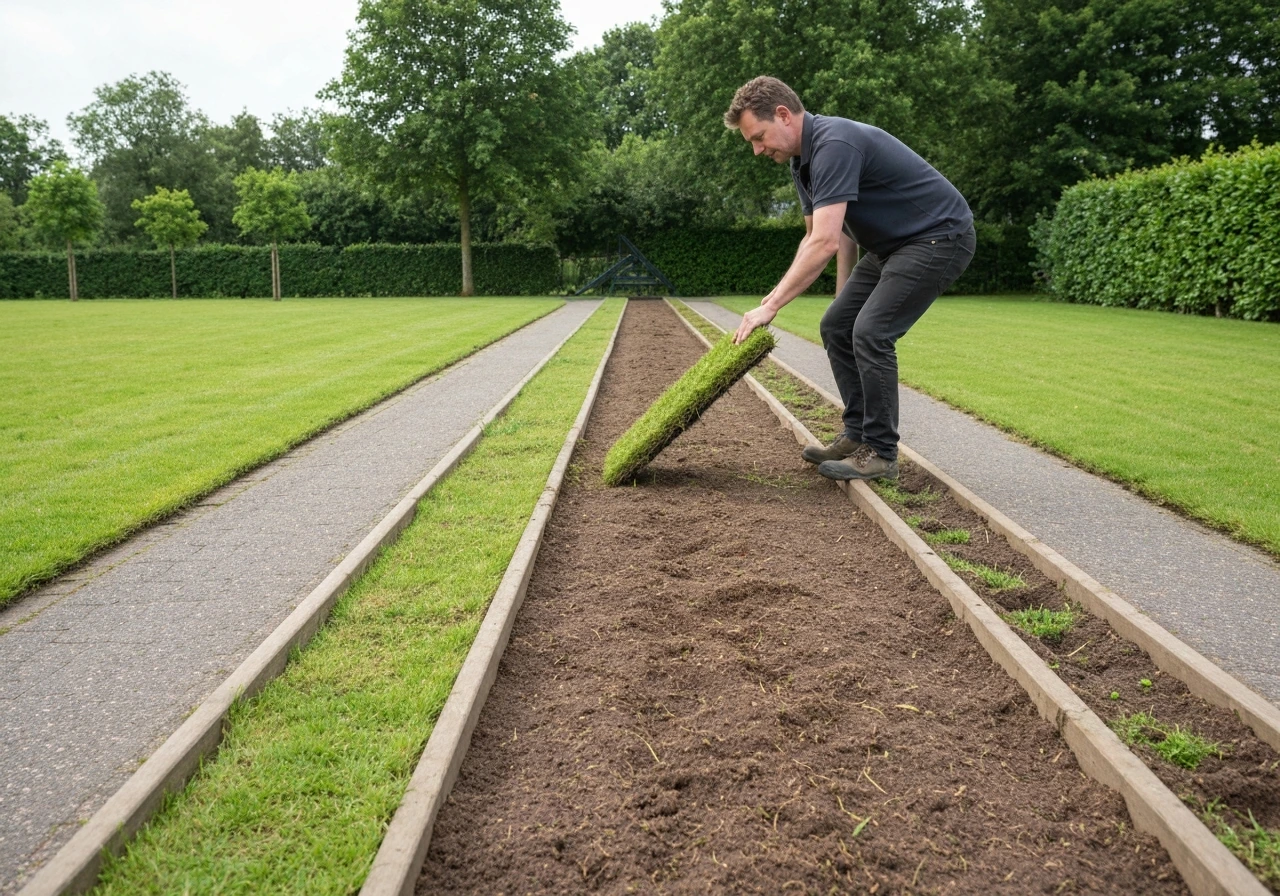 Vakman legt graszoden in een voortuin; baksteenverband en strakke randen langs bestrating