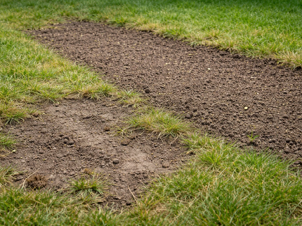 Kale plekken in een gazon met een vers klaargemaakt zaaibed ernaast na water geven