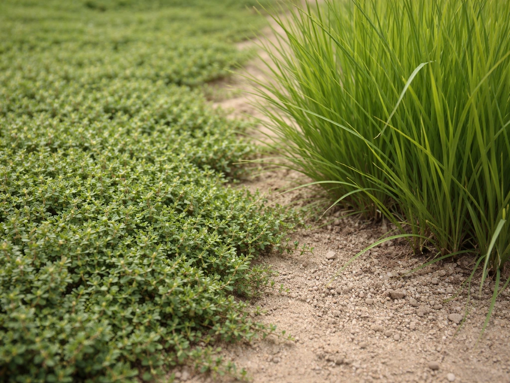 Close-up van kruiptijm als laag tapijt naast opgaand gras met halmen, met droge zandgrond ertussen.