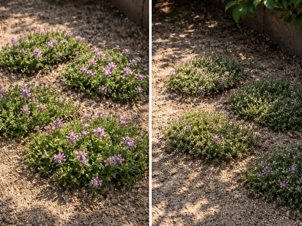 Twee tuinplekjes: kruiptijm in volle zon groeit compact en bloeit meer dan kruiptijm in halfschaduw.