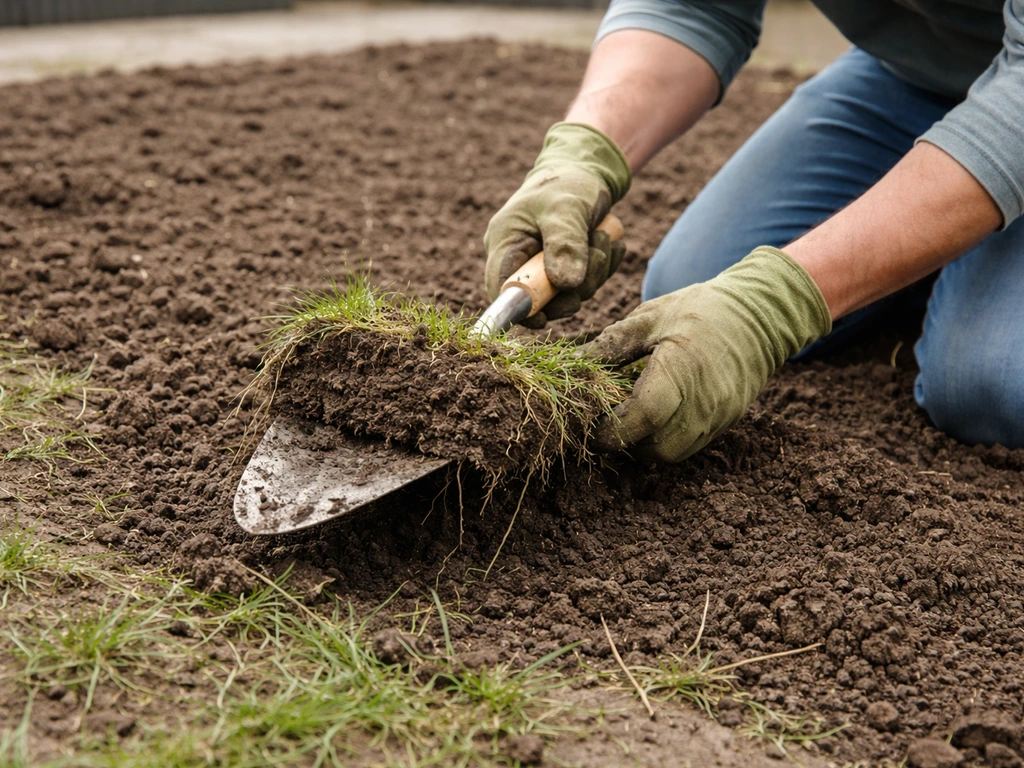 Persoon in een tuin die gras en wortelresten uitspit, met kale grond klaar voor bedekking